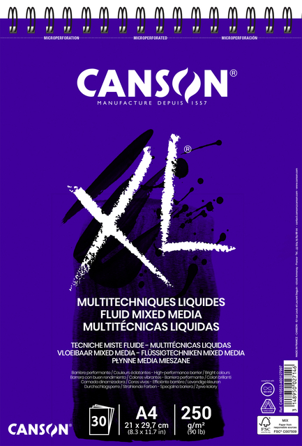 Tekenblok Canson XL Fluid Mixed Media A4 30vel 250gr afbeelding