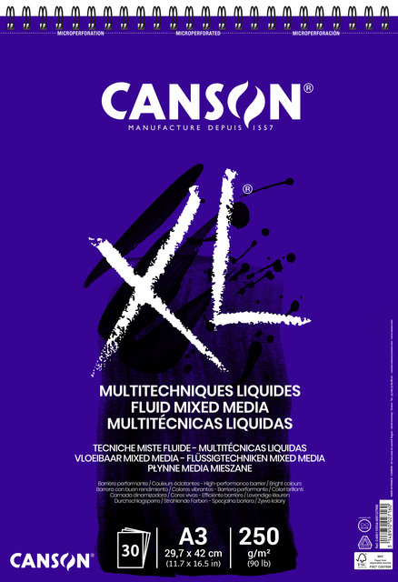 Tekenblok Canson XL Fluid Mixed Media A3 30vel 250gr afbeelding