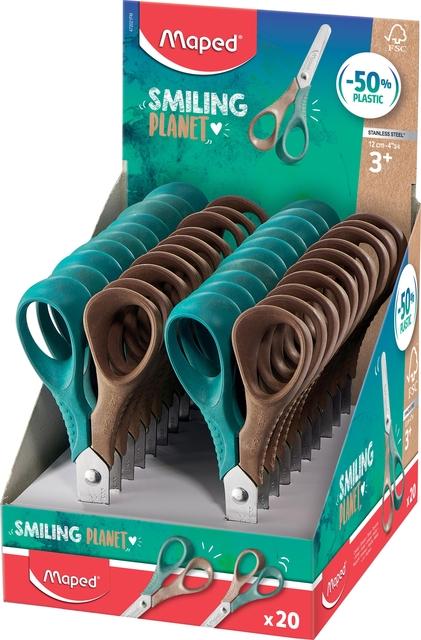 Kinderschaar Maped Smiling Planet 12cm rechtshandig bruin/groen display à 20st