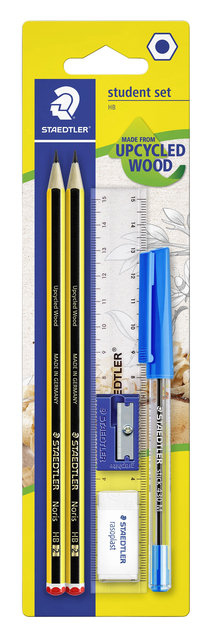 Schrijfset Staedtler inhoud 2 Noris potloden HB en balpen gum slijper en liniaal 6 stuks afbeelding
