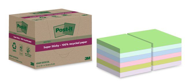 Memoblok Post-it 654 RSS12COL 76x76mm recycled colour notes pastel 12 stuks afbeelding
