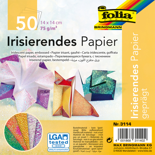 Vouwblaadjes Folia 75gr 14x14cm 50 vel 2-zijdig iriserend embossing assorti kleuren afbeelding
