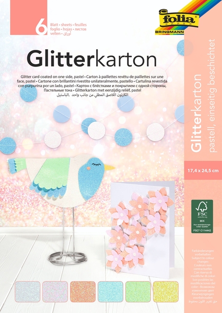 Glitterkarton Folia 174x245mm 6 vel pastel assorti afbeelding