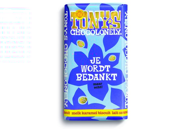 Chocolade Tony&apos;s Chocolonely je wordt bedankt reep melk karamel biscuit 180gr afbeelding