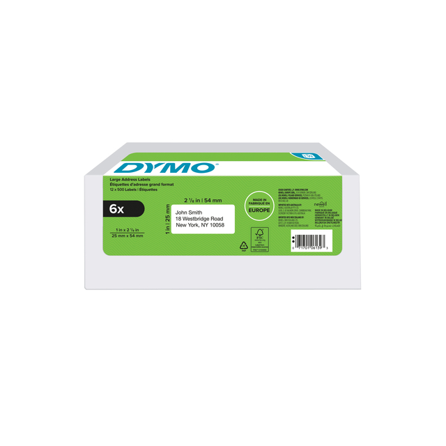 Etiket Dymo LabelWriter adressering 25x54mm 6 rollen á 500 stuks wit afbeelding