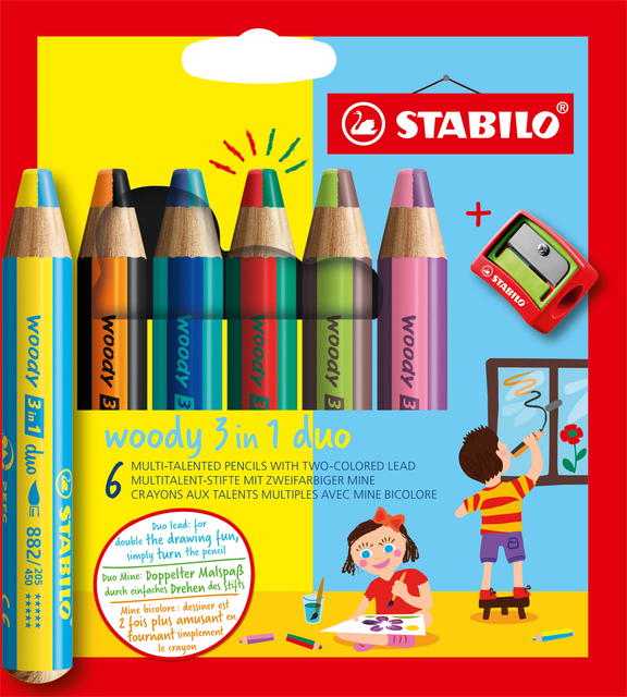 Kleurpotloden STABILO 882 woody 3 in 1 duo inclusief puntenslijper assorti etui 6 à stuks afbeelding