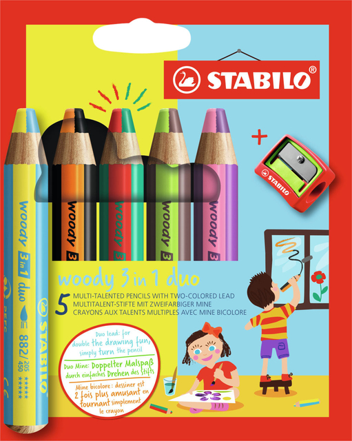 Kleurpotloden STABILO 882 woody 3 in 1 duo inclusief puntenslijper assorti etui 5 à stuks afbeelding