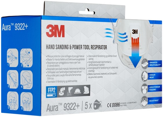 Aura™ Respirador para lijado manual y herramientas eléctricas 9322 , FFP2, con válvula, 10