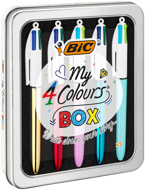 Balpen Bic 4kleuren My Bic medium assorti blik à 5 stuks afbeelding