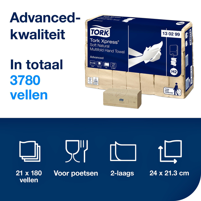 Handdoek Tork H2 Xpress Advanced multifold 2-laags 213x240mm 21x180 vel naturel 130299 — Foto 2 van 2
