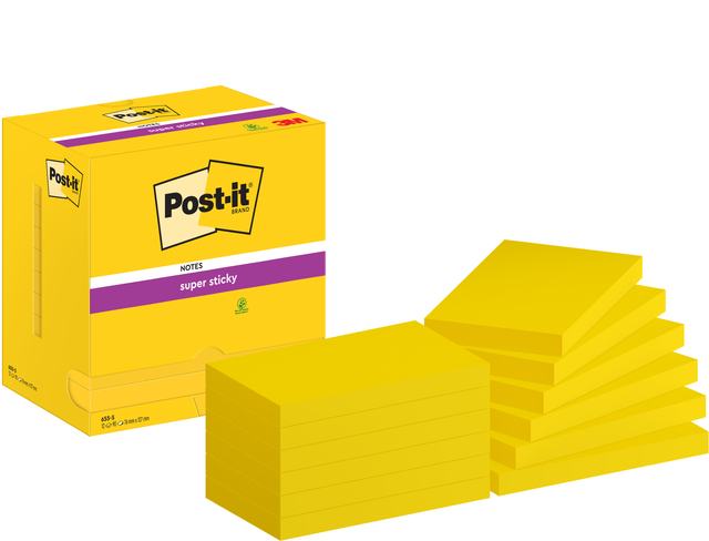 Memoblok Post-it 655 Super Sticky 76x127mm neon geel 12 stuks afbeelding