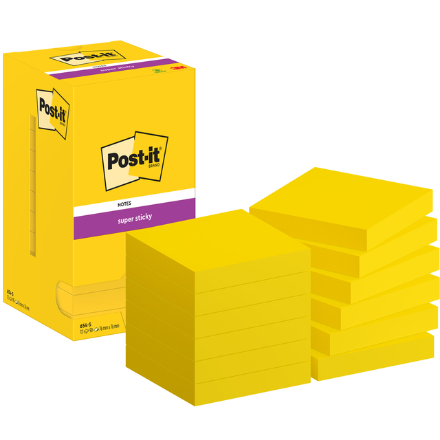 Memoblok Post-it 654 Super Sticky 76x76mm ultrageel 12 stuks afbeelding