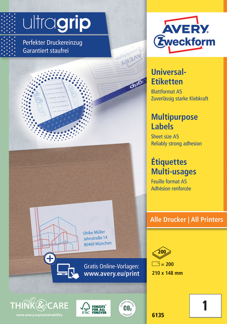 Etiket Avery 6135 210x148mm wit 200 stuks