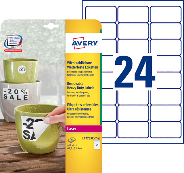 Etiket Avery L4773REV-20 63.5x33.9mm wit 480 stuks — Foto 2 van 2