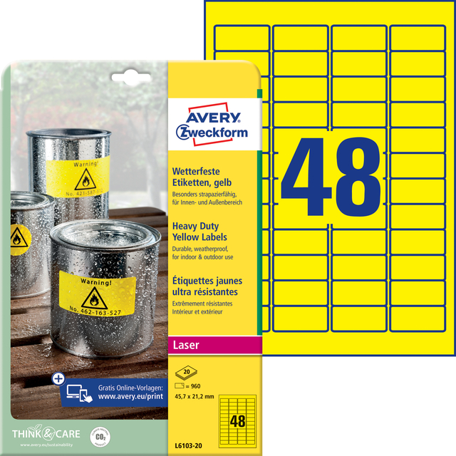 Etiket Avery L6103-20 45.7x21.2mm geel 960 stuks — Foto 2 van 2
