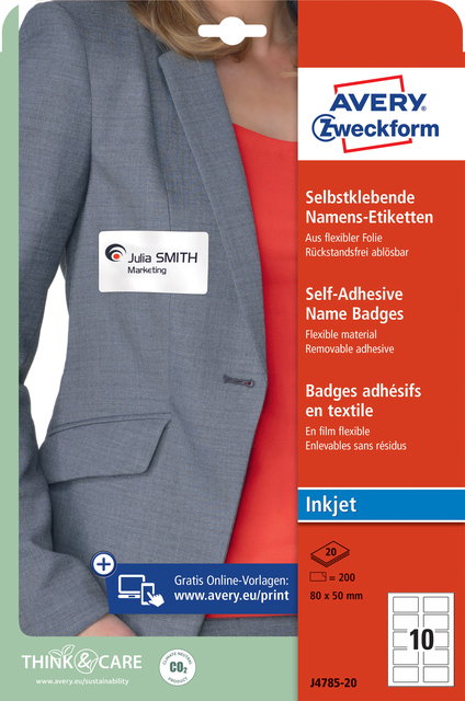Naambadge etiket Avery Zweckform J4785-20 80x50mm wit 200 etiketten afbeelding