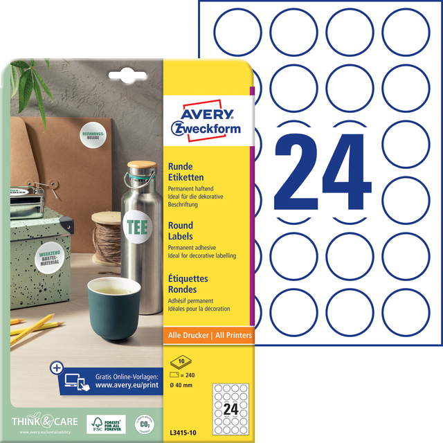 Etiket Avery L3415-10 rond 40mm wit 240 stuks — Foto 2 van 2
