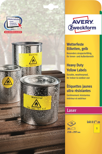 Etiket Avery Zweckform L6111-20 210x297mm geel 20stuks afbeelding