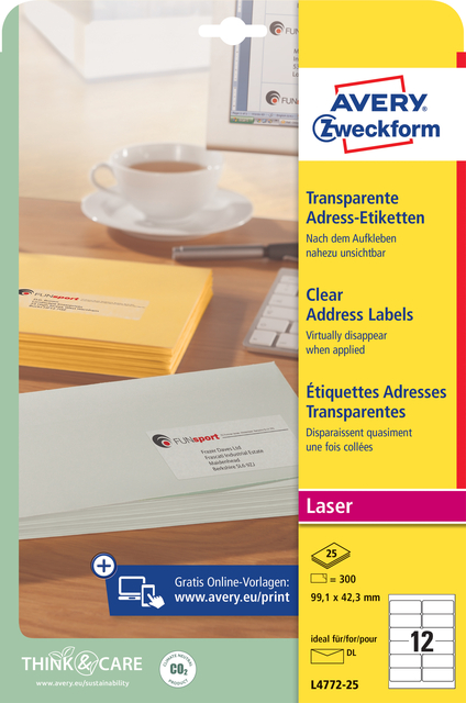 Etiket Avery Zweckform L4772-25 99.1x42.3 mm transparant mat 300stuks afbeelding
