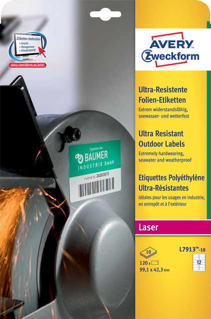 Etiket Avery Zweckform L7913-10 99.1x42.3mm polyester wit 120stuks afbeelding