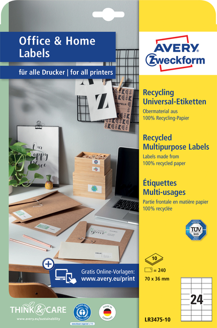 Etiket Avery Zweckform LR3475-10 70x36mm recycled wit 240stuks afbeelding