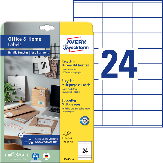 Etiket Avery LR3475-10 70x36mm recycled wit 240 stuks — Foto 2 van 2