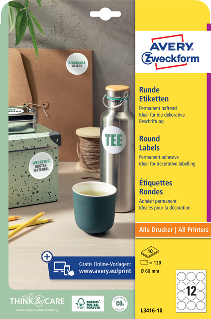 Etiket Avery Zweckform L3416-10 rond 60mm wit 120stuks afbeelding