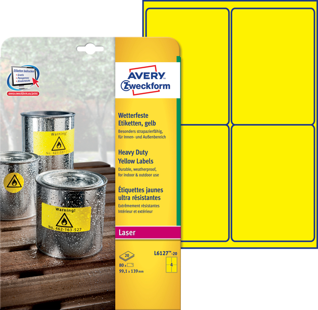 Etiket Avery Zweckform L6127-20 99.1x139mm geel 80stuks afbeelding