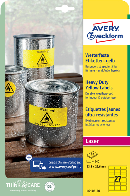 Etiket Avery Zweckform L6105-20 63.5x29.6mm geel 540stuks afbeelding