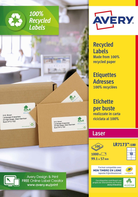 Etiket Avery LR7173-100 99.1x57mm recycled wit 1000stuks afbeelding