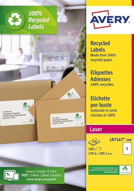 Etiket Avery LR7167-100 199.6x289.1mm recycled wit 100stuks afbeelding