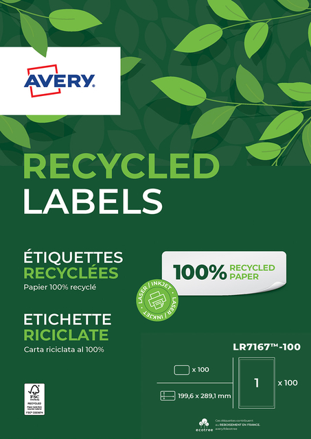 Etiket Avery LR7167-100 199.6x289.1mm recycled wit 100 stuks afbeelding