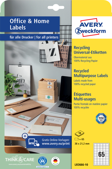 Etiket Avery Zweckform LR3666-10 38x21.2mm recycled wit 650stuks afbeelding