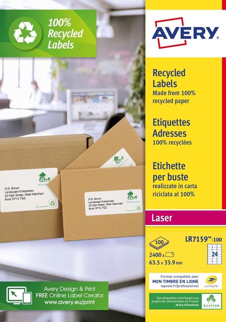 Etiket Avery LR7159-100 33.9x63.5mm recycled wit 2400stuks afbeelding