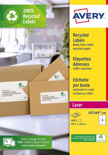 Etiket Avery LR7169-100 99.1x139 mm recycled wit 400stuks afbeelding
