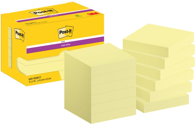 Memoblok Post-it 622 Super Sticky 47,6x47,6mm geel 12 stuks afbeelding