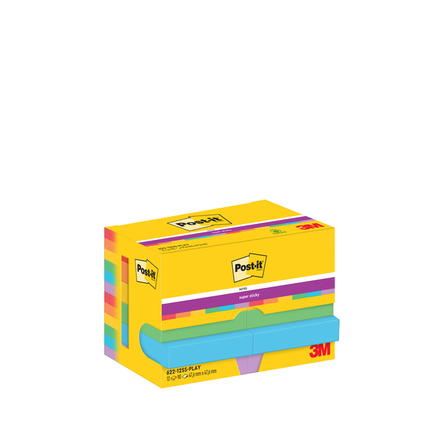 Memoblok Post-it 622 Super Sticky 47,6x47,6mm Playful 12 stuks afbeelding