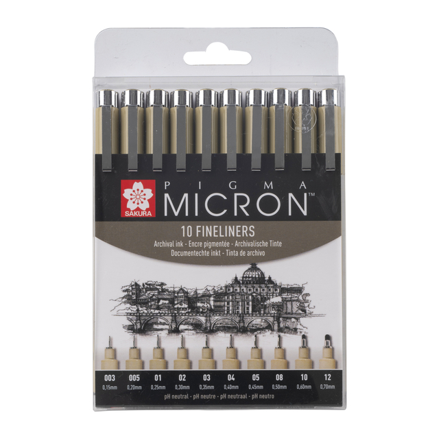 Fineliner Sakura Pigma Micron set à 10 schrijfbreedtes zwart afbeelding