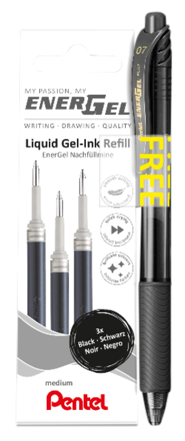 Gelschrijvervulling Pentel LR7 Energel met gratis gelpen medium zwart blister à 3 stuks afbeelding