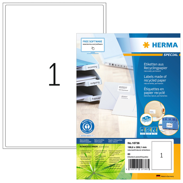 Etiket HERMA recycling 10736 199.6x289.1mm 80stuks wit afbeelding