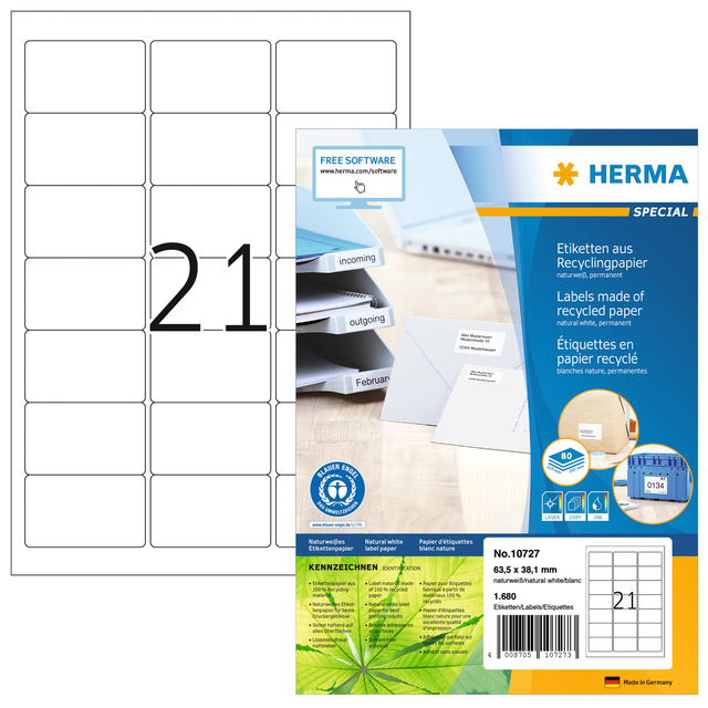 Etiket HERMA recycling 10727 63.5x38.1mm 1680stuks wit afbeelding