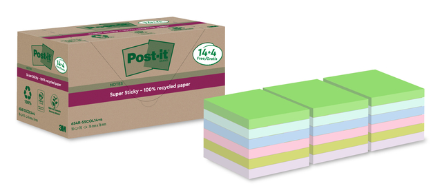 Memoblok Post-it 654 RSS12COL 76x76mm colour 14+4 gratis afbeelding