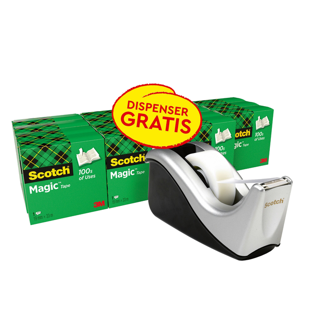 Plakband Scotch Magic 819 19mmx33m mat + plakbandhouder zilver 16 rollen afbeelding