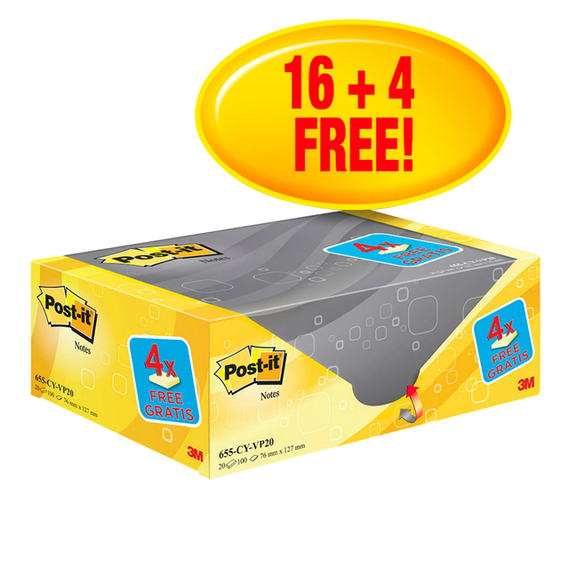 Memoblok 3M Post-it 655 76x127mm geel 16 + 4 gratis afbeelding