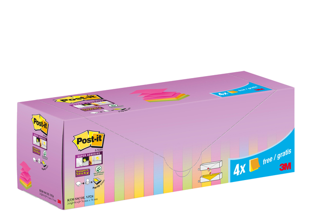 Memoblok 3M Post-it Z-Note R330 Super Sticky 76x76mm assorti kleur 20 + 4 gratis afbeelding