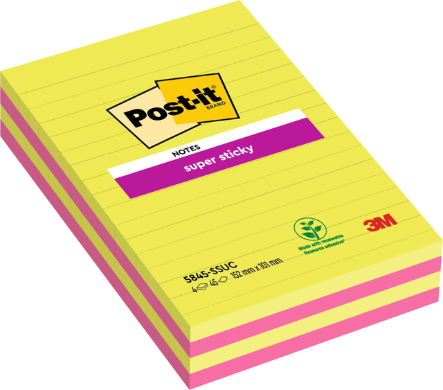 Memoblok 3M Post-it 584 127x203mm Super Sticky lijn assorti kleur 4 stuks afbeelding