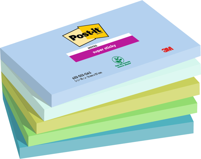 Memoblok 3M Post-it 655 76mmx127mm Super Sticky Oasis 5 stuks afbeelding