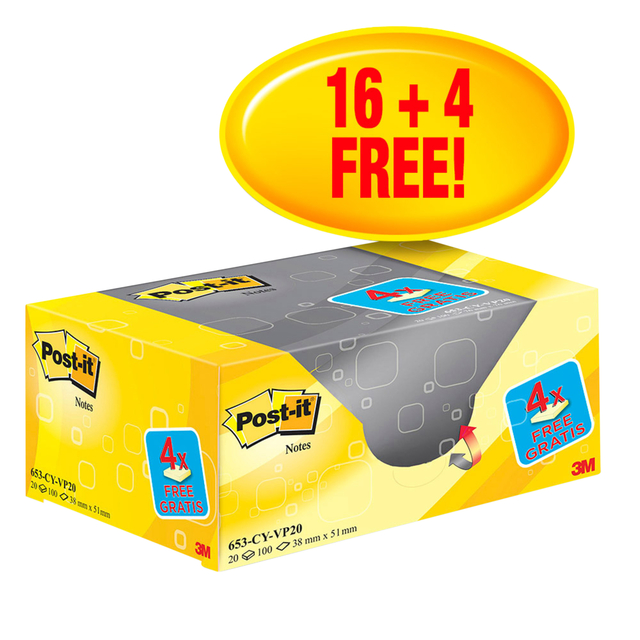 Memoblok 3M Post-it 653 38x51mm geel 16 + 4 gratis afbeelding