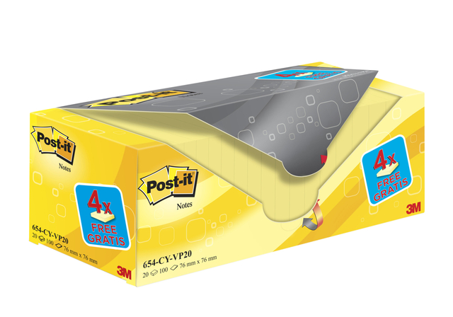 Memoblok 3M Post-it 654 76x76mm geel 16 + 4 gratis afbeelding