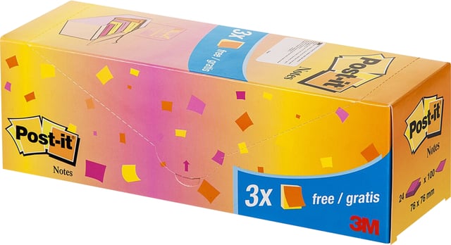 Memoblok 3M Post-it 654 76x76mm neon assorti 21 + 3 gratis afbeelding